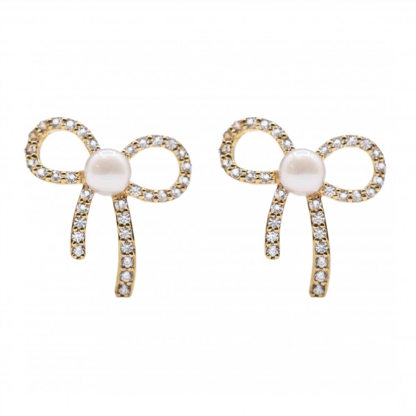 14K Freshwater Pearl & White Topaz Bow Stud Earrings