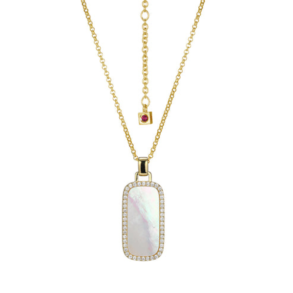 Sterling Silver Mother of Pearl and CZ Rectangular Tag Necklace