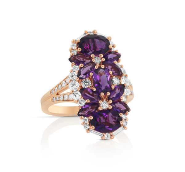 14 Karat Rose Gold Amethysts Floral Statement Fashion Ring