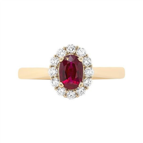 14 Karat Yellow Gold Ruby Oval Halo Fashion Ring