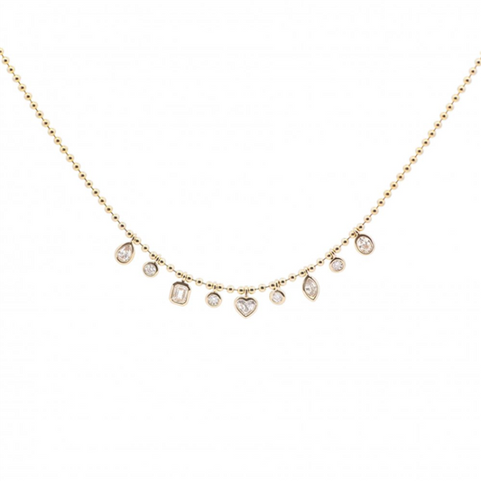 14K Beaded Chain Multi-Shape Bezel Droplet Diamond Necklace