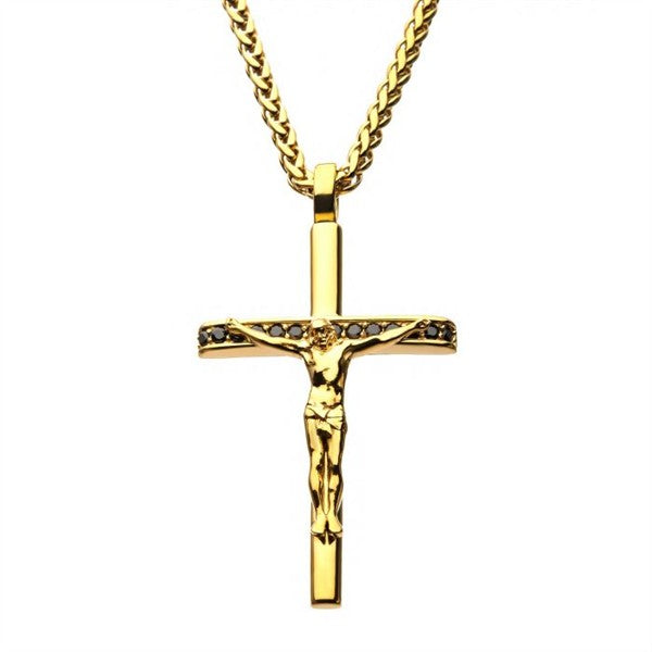 Stainless Steel Gold Plated & Black CZ Crucifix Cross Pendant