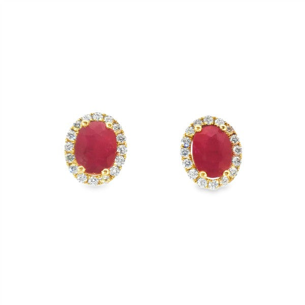 14K Ruby & Diamond Oval Halo Stud Earrings