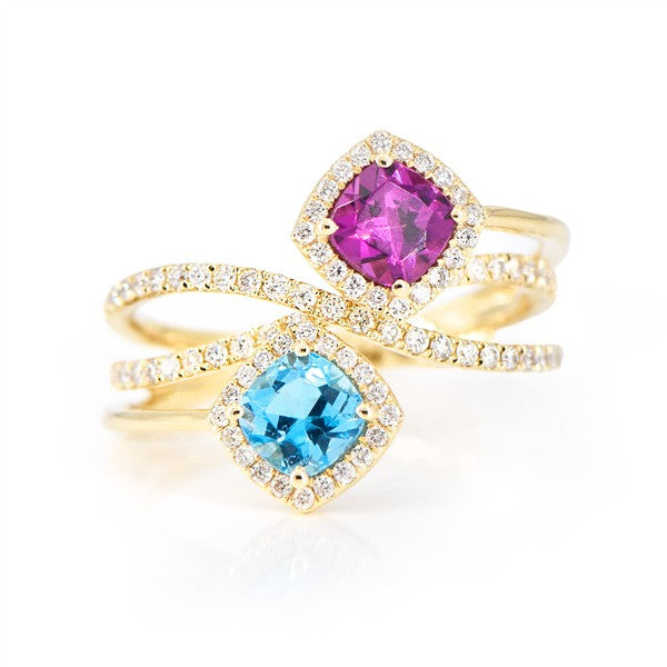 14K Blue Topaz & Rhodolite Garnet Toi et Moi Fashion Ring