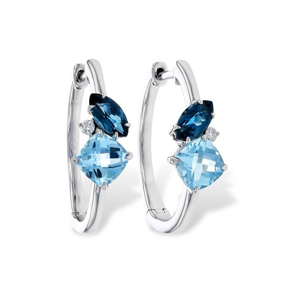 14K London & Swiss Blue Topaz Cluster Gem Hoop Earrings