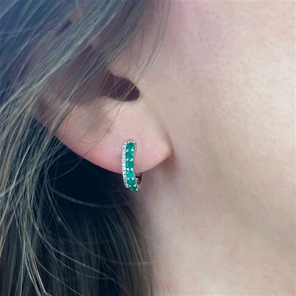 14K Two Row Emerald & Diamond Huggie Hoops