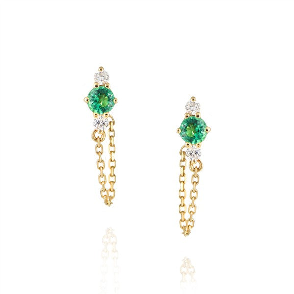 18K Emerald Chain Stud Earrings