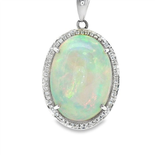 14K Ethiopian Opal Oval Diamond Halo Pendant