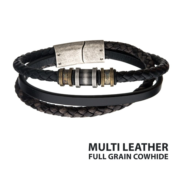 Antiqued Bead & Black Multi Leather Layered Bracelet