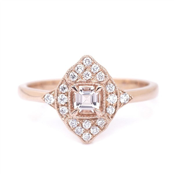 14 Karat Rose Gold Morganite Marquise Halo Fashion Ring