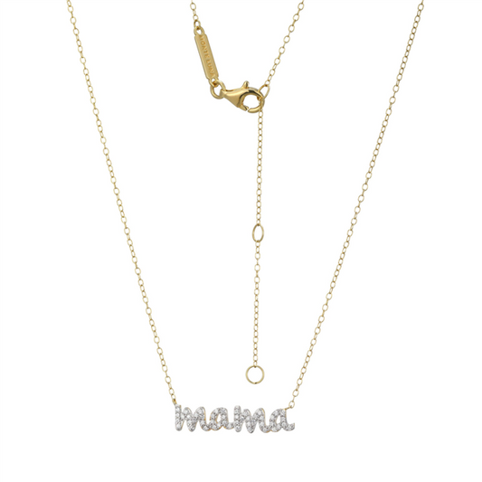 Gold Plated Lab Grown Diamond Pave "Mama" Silver Necklace