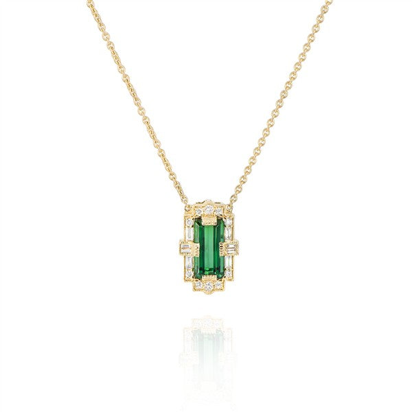 14K Art Deco Emerald-Cut Green Tourmaline Pendant
