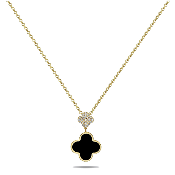14K Clover Black Onyx & Diamond Dangling Drop Necklace