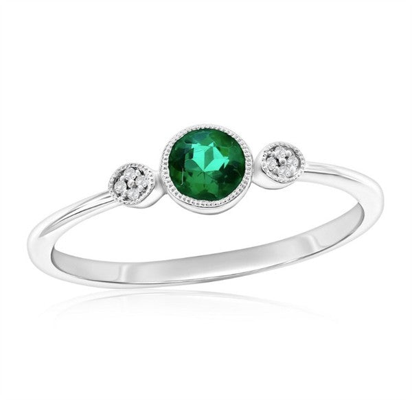 Sterling Silver Milgrain Bezel Lab-Created Emerald & Diamond Petite Fashion Ring