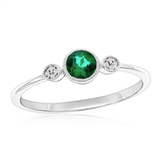 Sterling Silver Milgrain Bezel Lab-Created Emerald & Diamond Petite Fashion Ring
