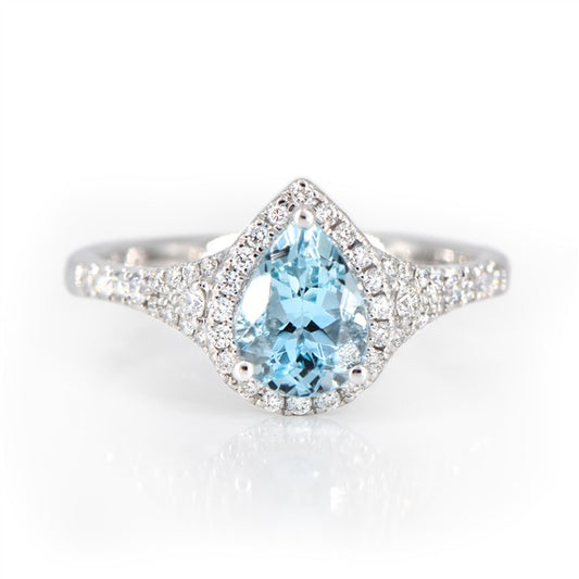 14K Aquamarine Pear Halo Fashion Ring