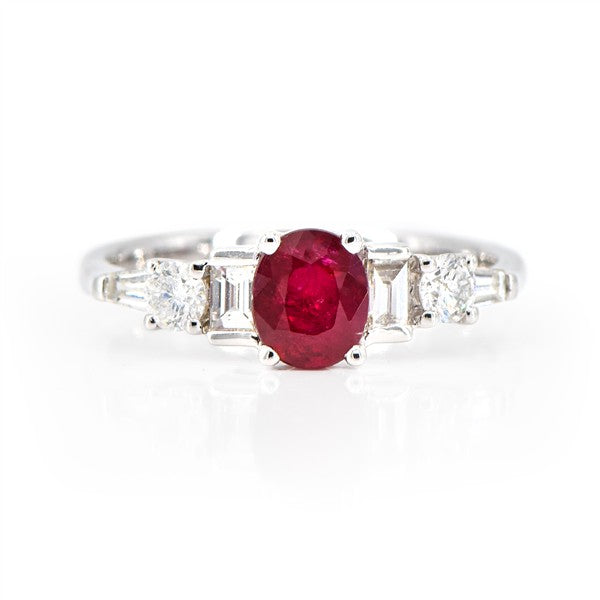 14K Elegant Oval Ruby & Tapered Baguette Diamond Fashion Ring