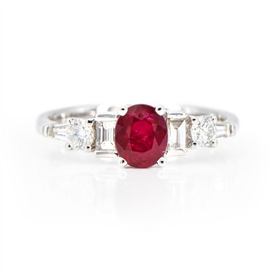 14K Elegant Oval Ruby & Tapered Baguette Diamond Fashion Ring
