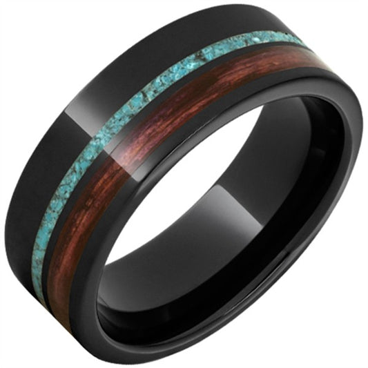 Black Ceramic Band with Cab Barrel & Turquoise Inlay