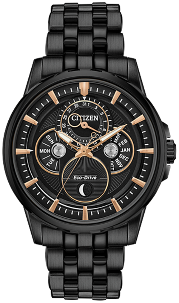 Citizen Eco-Drive Calendrier Moonphase Black Ion-Plated Stainless Steel Watch with Link Style Band