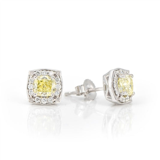14K Fancy Yellow Diamond Cushion Halo Stud Earrings