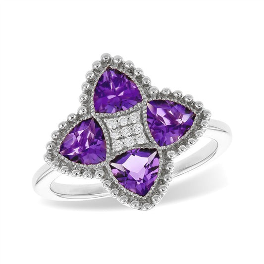 14 Karat White Gold Amethyst Clover Fashion Ring