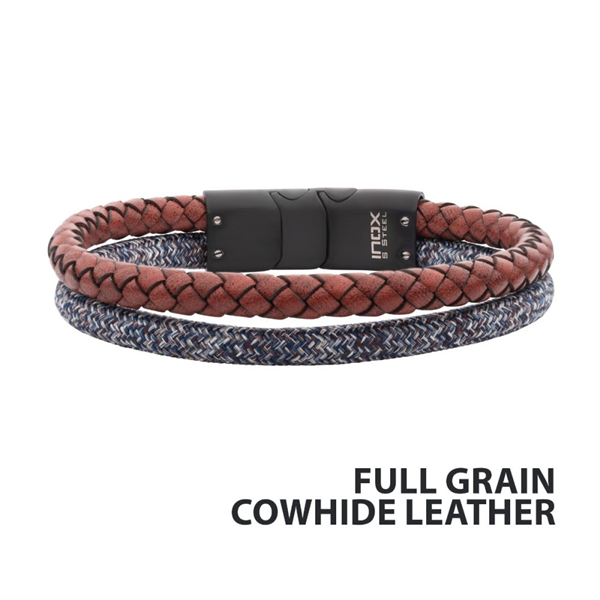 Grey Cord & Brown Cowhide Leather Stacking Duo Bracelet