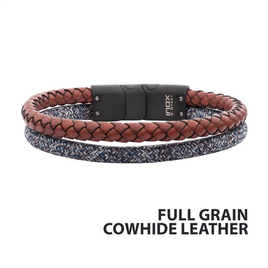 Grey Cord & Brown Cowhide Leather Stacking Duo Bracelet