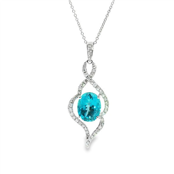 14K Oval Paraiba Blue Topaz Swirl Drop Pendant