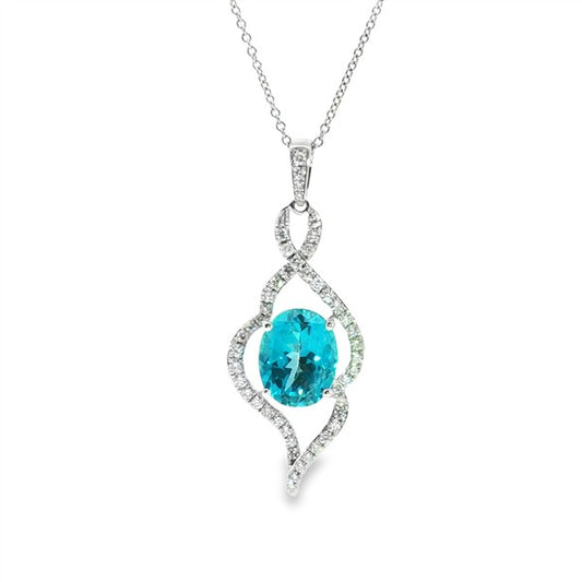14K Oval Paraiba Blue Topaz Swirl Drop Pendant
