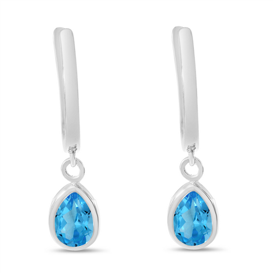 14K Pear Blue Topaz Huggie Dangle Earrings