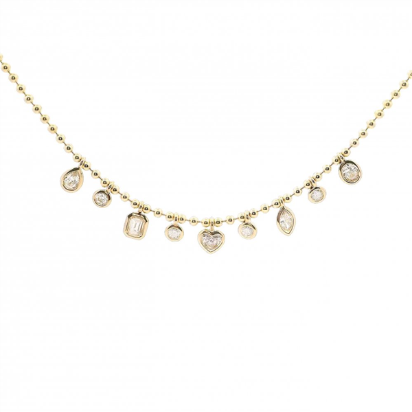 14K Beaded Chain Multi-Shape Bezel Droplet Diamond Necklace