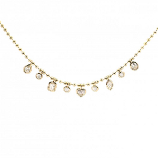 14K Beaded Chain Multi-Shape Bezel Droplet Diamond Necklace