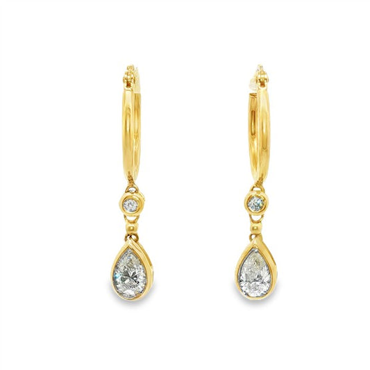 14K Bezel-Set Pear Diamond Hoop Dangle Earrings