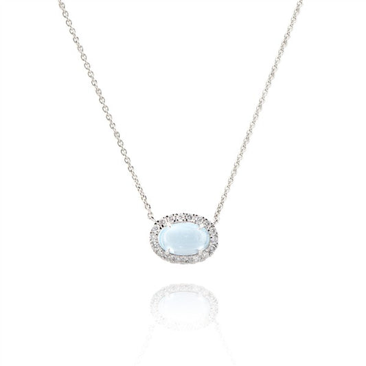 14K East West Diamond Halo Cabochon Aquamarine Necklace