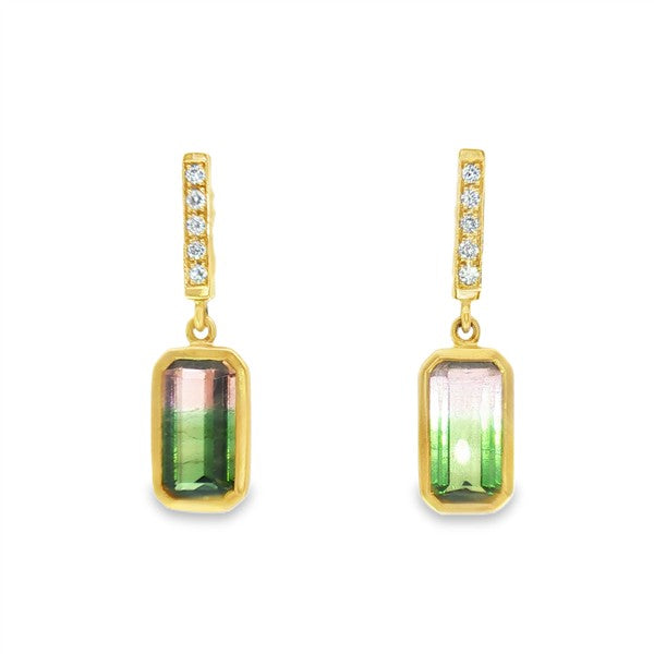 18K Brushed Bezel-set Watermelon Tourmaline Dangle Stud Earring