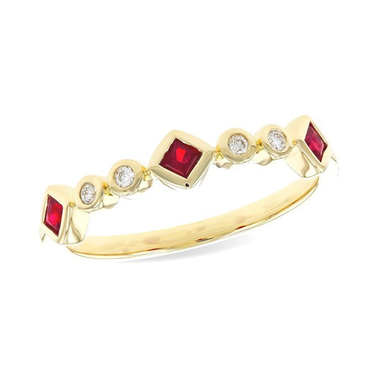 14K Bezel Princess Ruby & Diamond Stackable Band