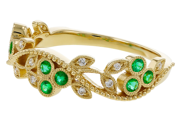 14K Floral Milgrain Emerald & Diamond Fashion Ring