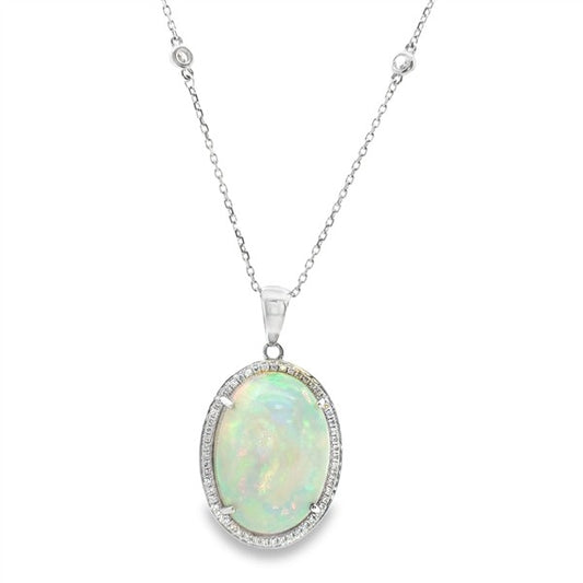14K Ethiopian Opal Oval Diamond Halo Pendant