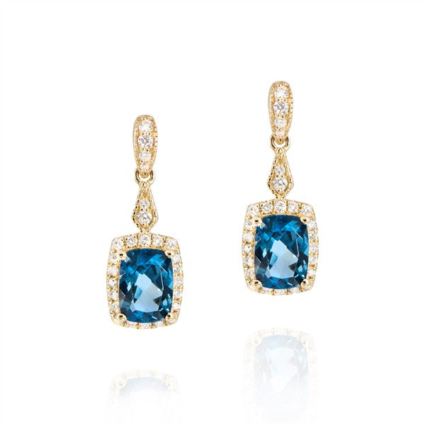 14K Rectangular Cushion London Blue Topaz Halo Drop Earrings
