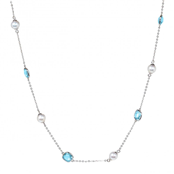 14K Swiss Blue Topaz & Pearl Alternating Station Necklace