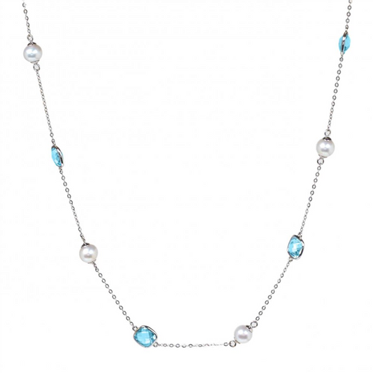 14K Swiss Blue Topaz & Pearl Alternating Station Necklace