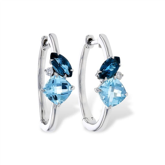 14K London & Swiss Blue Topaz Cluster Gem Hoop Earrings