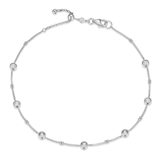 Sterling Silver Curb & Spacer Lab Grown Diamond Station Anklet
