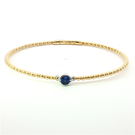14K Bezel Solitaire Blue Sapphire Beaded Bangle Bracelet