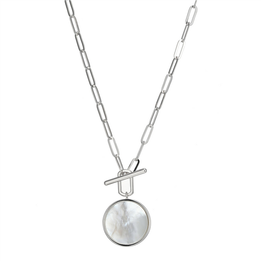 Sterling Silver Mother of Pearl Coin & Toggle Paperclip Necklace