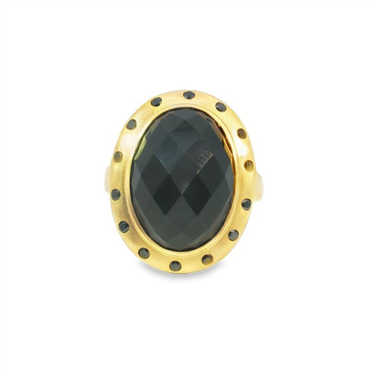 18K Oval Checkerboard-cut Black Spinel Brushed Bezel Cocktail Ring