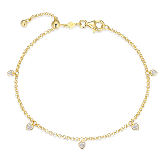14K Gold Plated Bezel Set Dangling Heart Lab Grown Diamond Bracelet