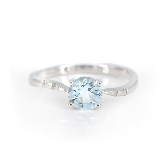 14K Aquamarine & Flush Set Diamond Curved Fashion Ring