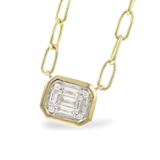14K Bezel Faux Emerald-Cut Cluster Diamond Paperclip Necklace